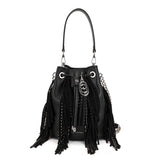 Borsa Secchiello La Carrie Rock in Pelle Bottalata Nera con Frange e Strass – Secchiello con Tracolla