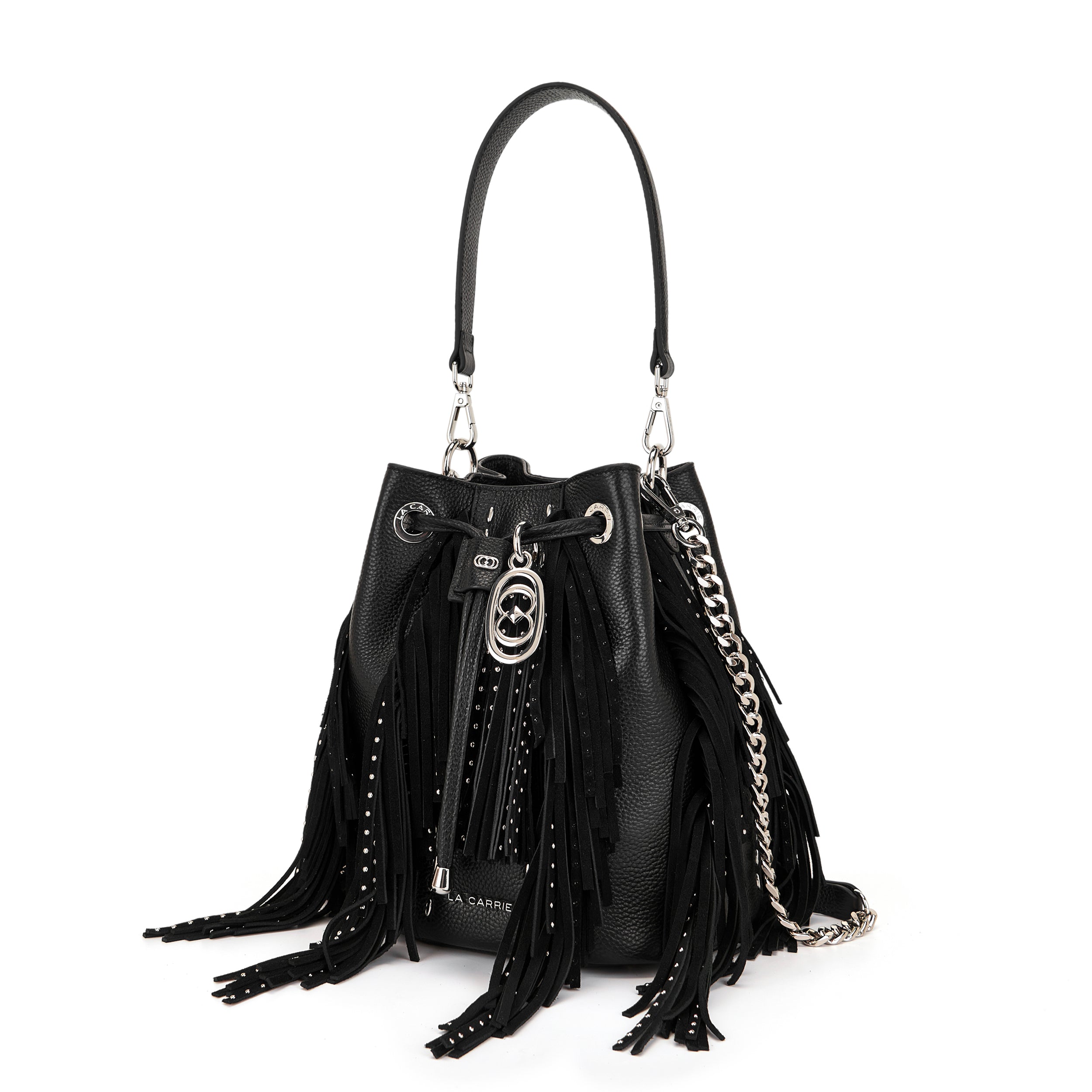 Borsa Secchiello La Carrie Rock in Pelle Bottalata Nera con Frange e Strass – Secchiello con Tracolla