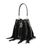 Borsa Secchiello La Carrie Rock in Pelle Bottalata Nera con Frange e Strass – Secchiello con Tracolla