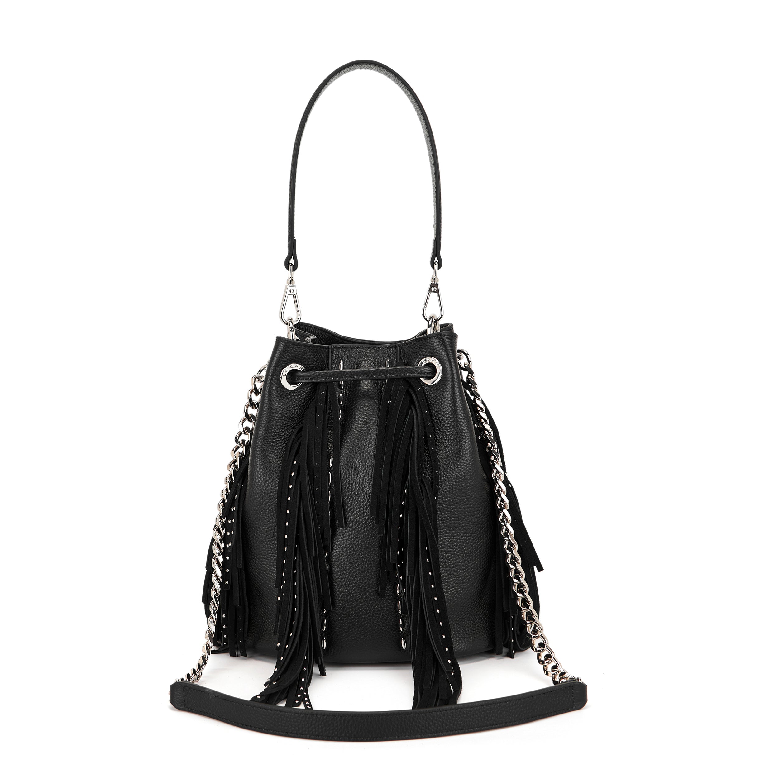 Borsa Secchiello La Carrie Rock in Pelle Bottalata Nera con Frange e Strass – Secchiello con Tracolla