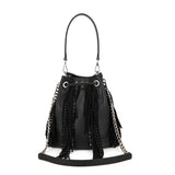Borsa Secchiello La Carrie Rock in Pelle Bottalata Nera con Frange e Strass – Secchiello con Tracolla