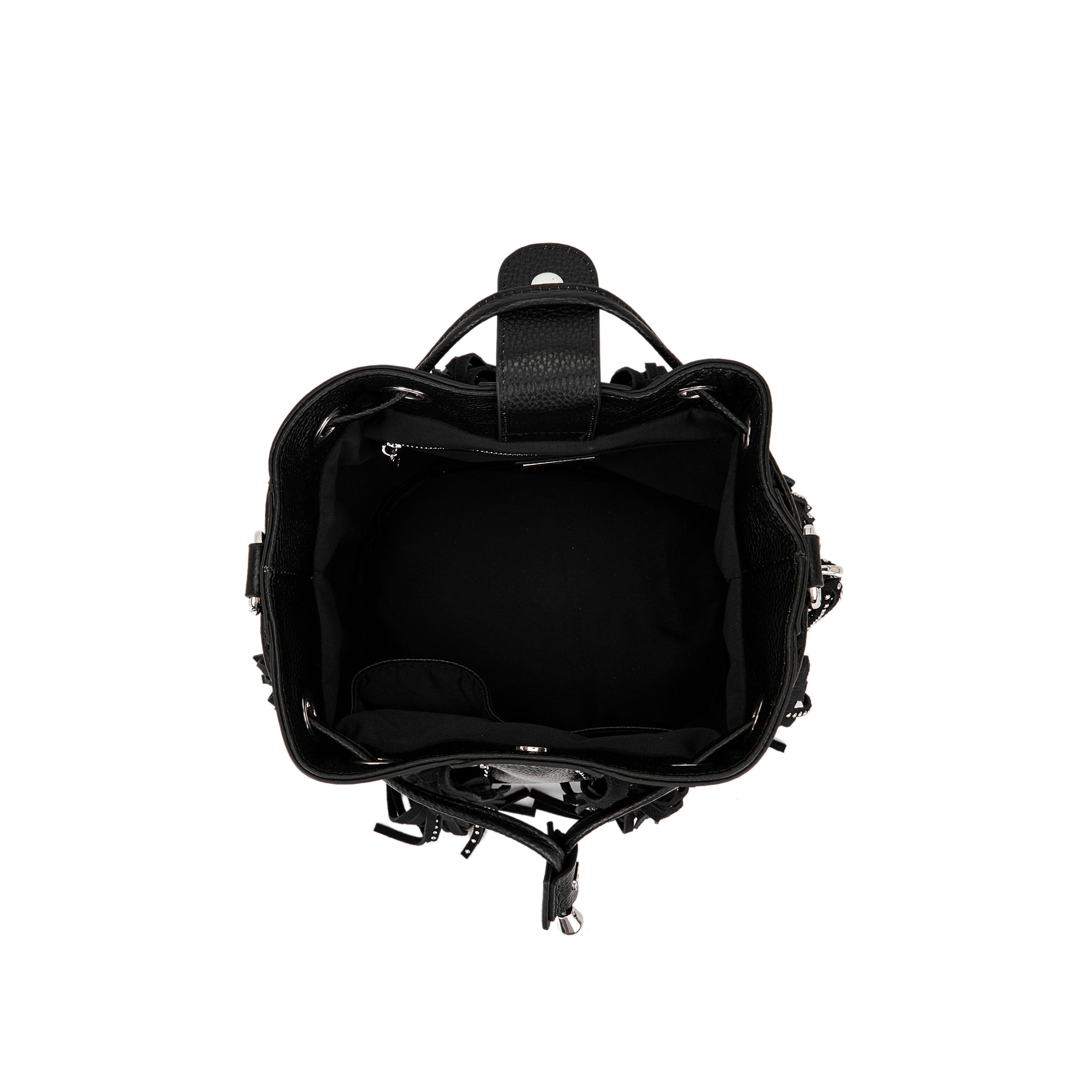 Borsa Secchiello La Carrie Rock in Pelle Bottalata Nera con Frange e Strass – Secchiello con Tracolla