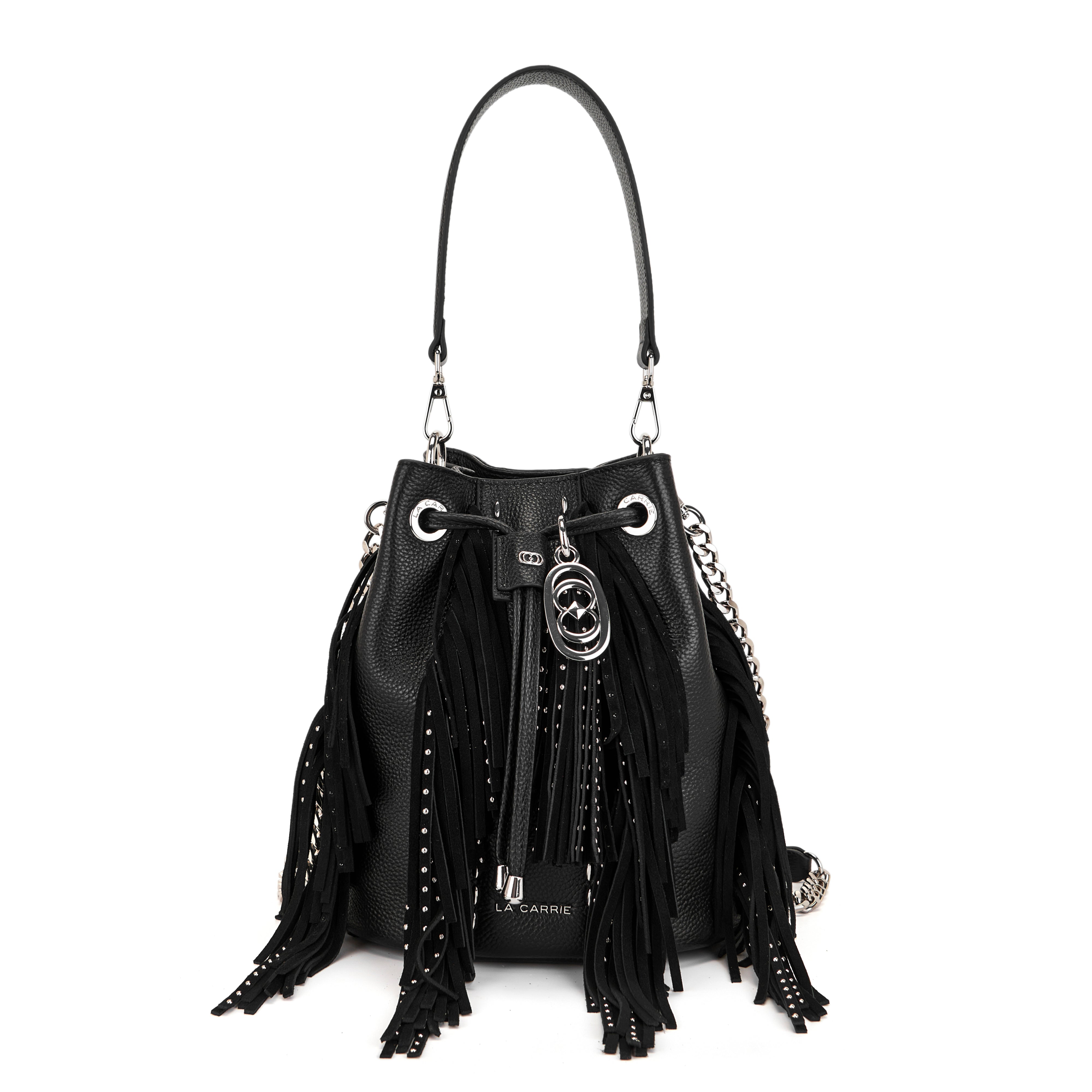 Borsa Secchiello La Carrie Rock in Pelle Bottalata Nera con Frange e Strass – Secchiello con Tracolla