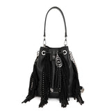 Borsa Secchiello La Carrie Rock in Pelle Bottalata Nera con Frange e Strass – Secchiello con Tracolla