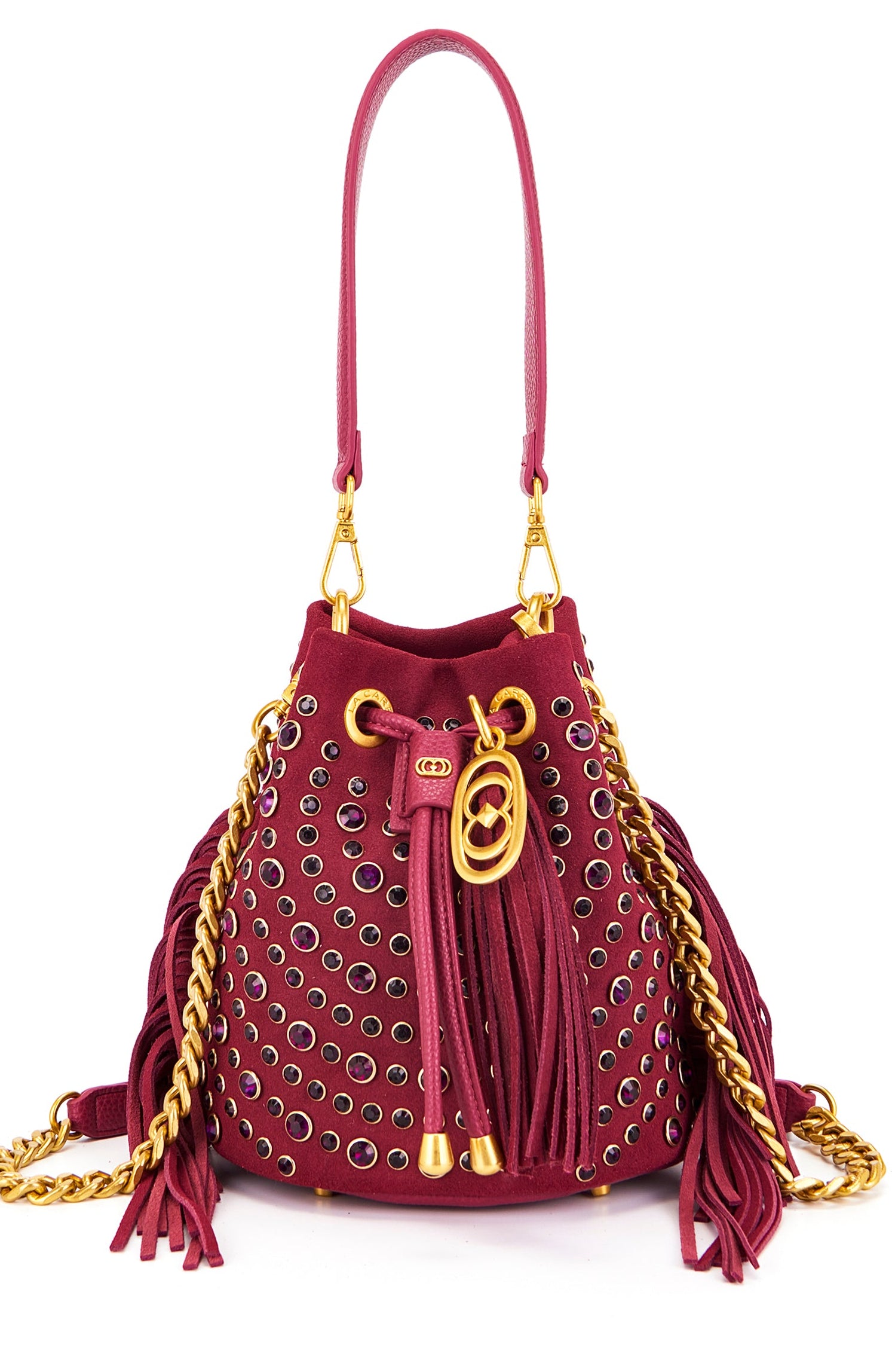 Borsa Secchiello La Carrie Andromeda in Camoscio Bordeaux – Borsa a Spalla con Borchie e Strass