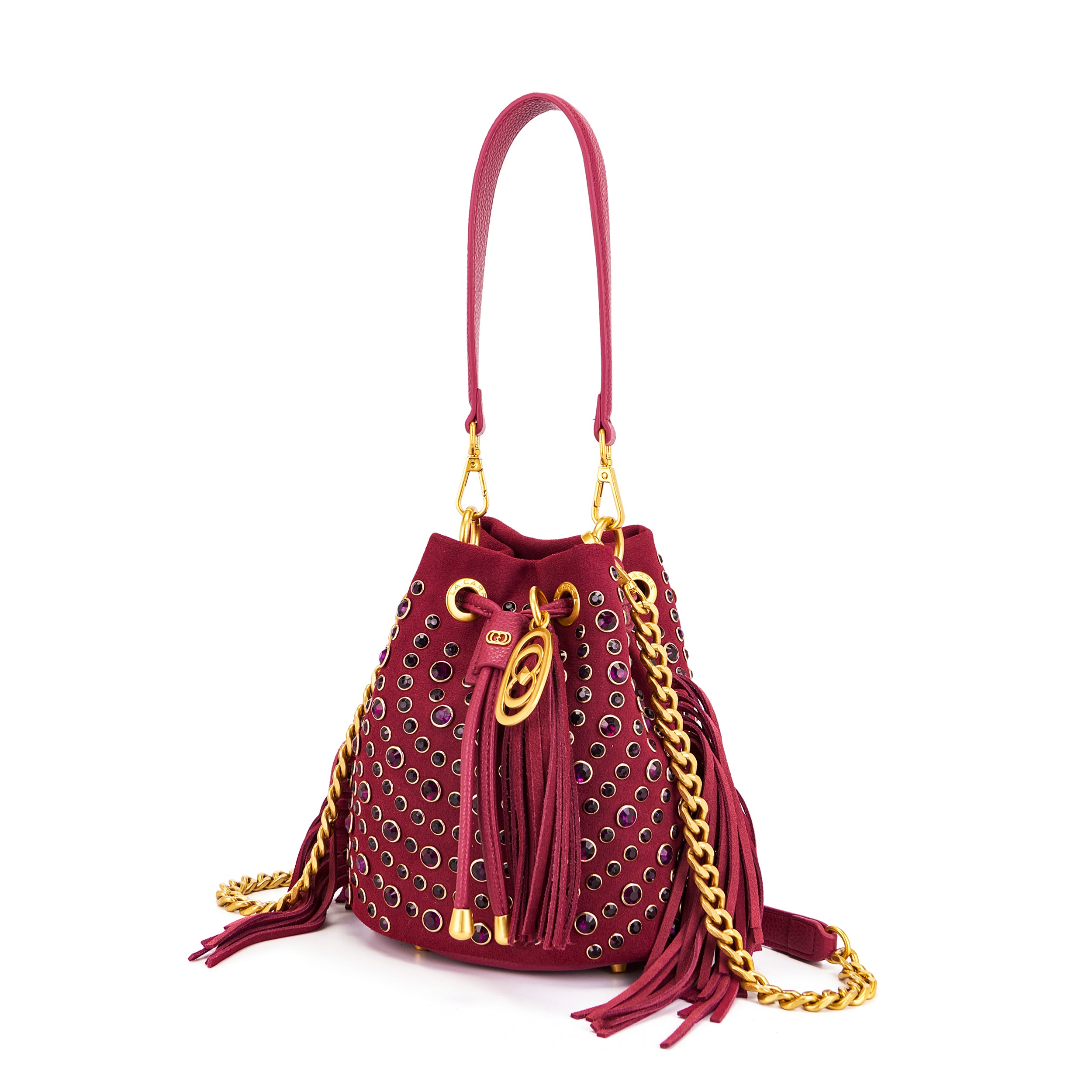 Borsa Secchiello La Carrie Andromeda in Camoscio Bordeaux – Borsa a Spalla con Borchie e Strass