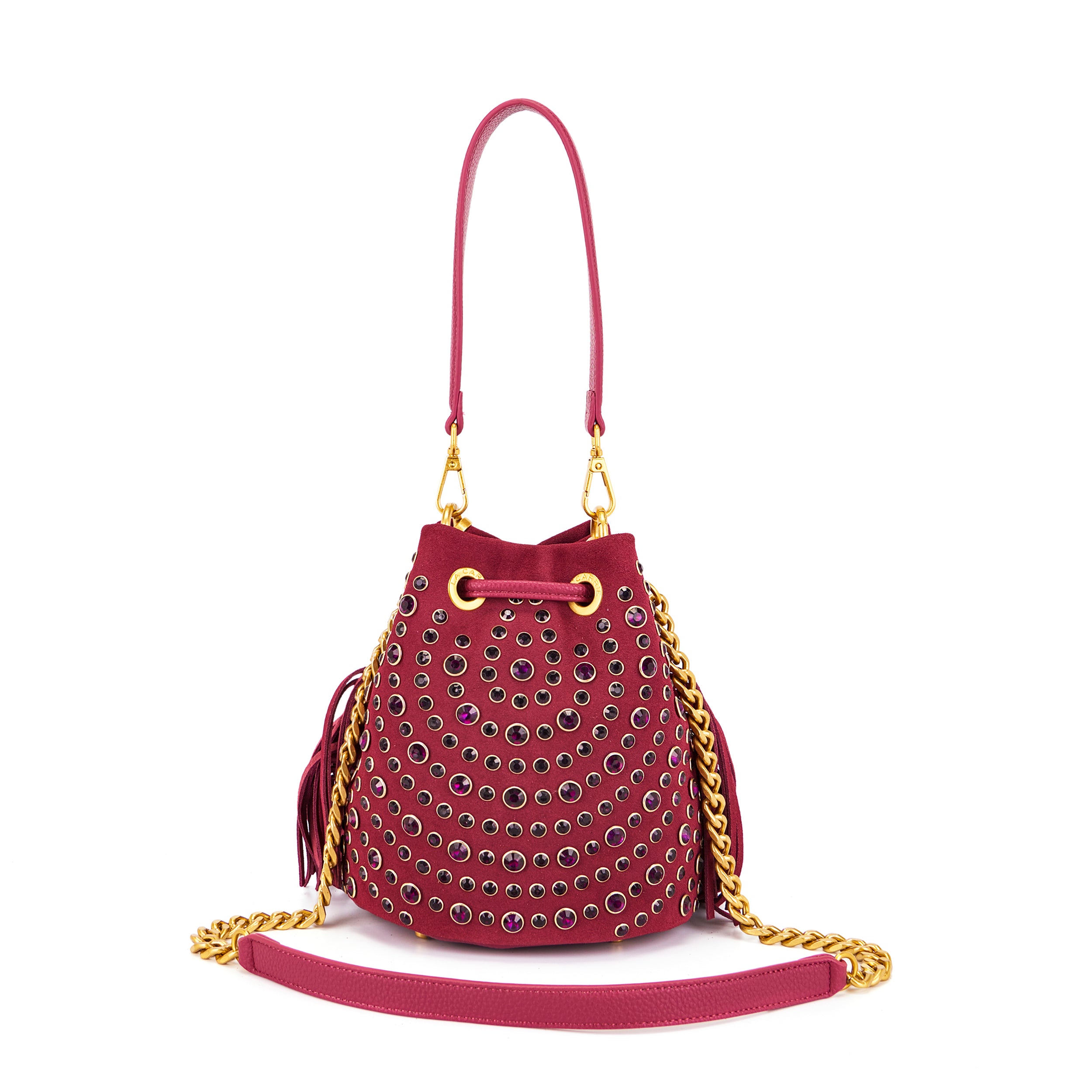 Borsa Secchiello La Carrie Andromeda in Camoscio Bordeaux – Borsa a Spalla con Borchie e Strass