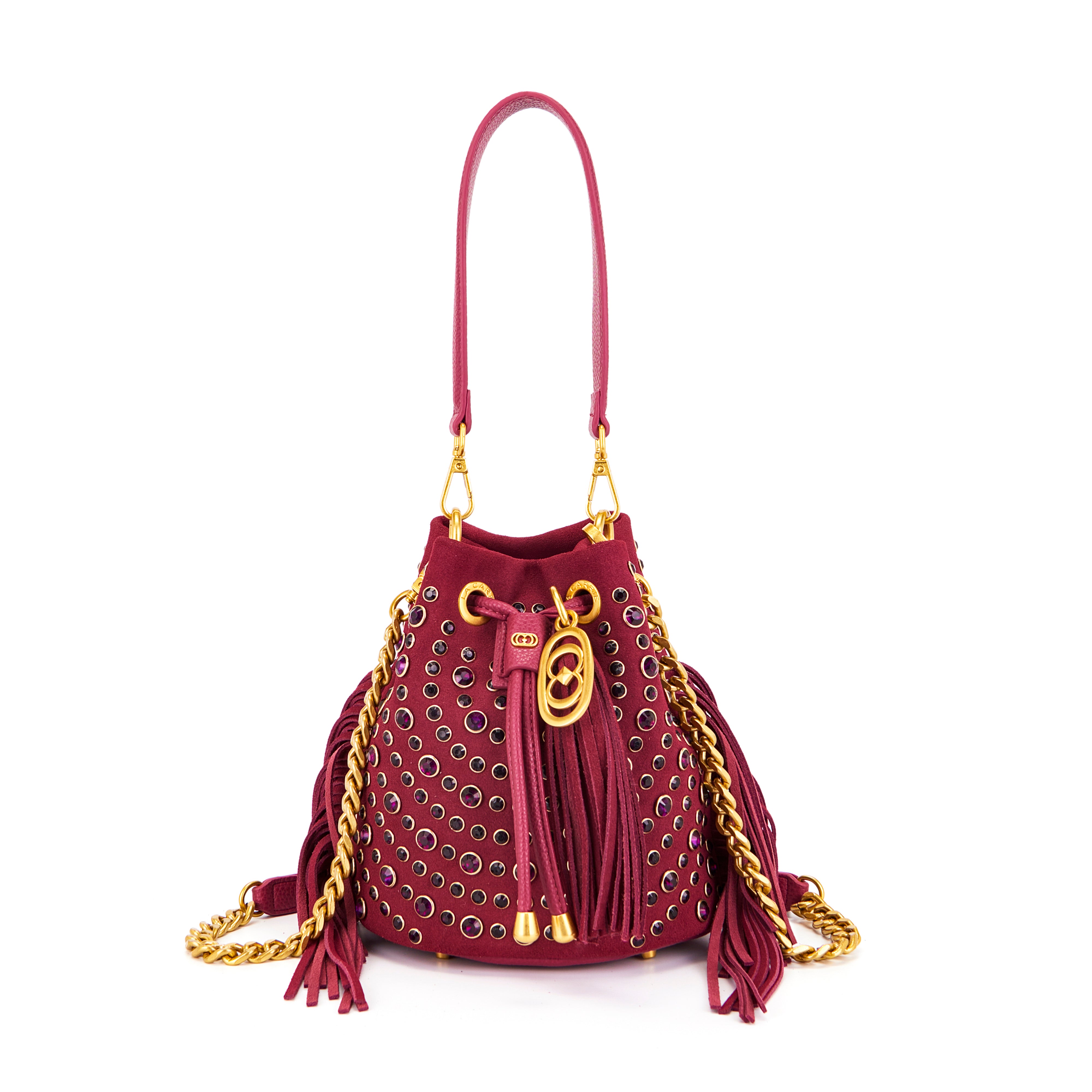 Borsa Secchiello La Carrie Andromeda in Camoscio Bordeaux – Borsa a Spalla con Borchie e Strass