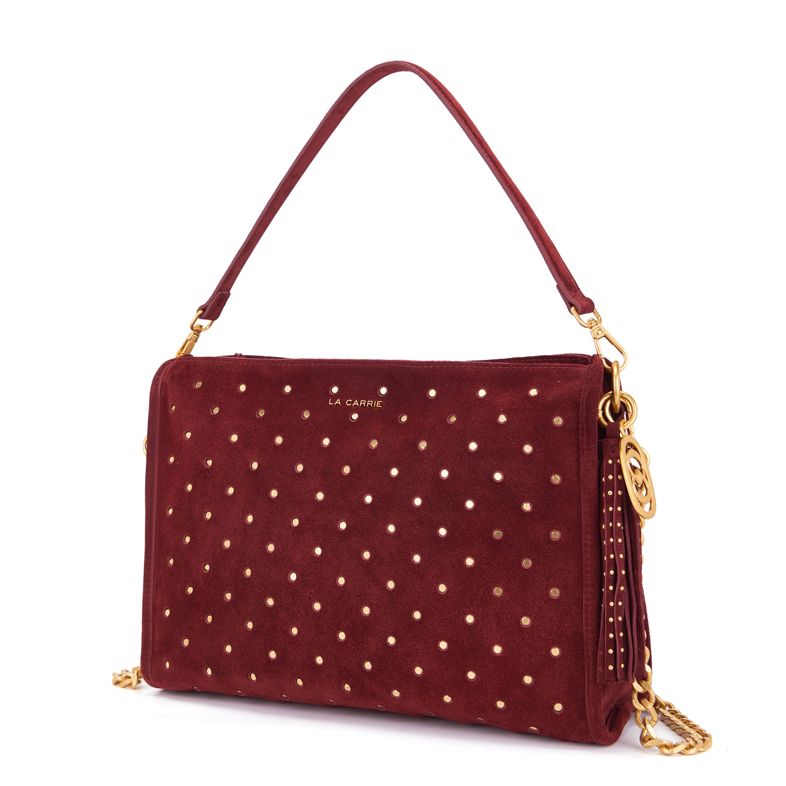 Borsa a Spalla La Carrie Downtown in Camoscio Bordeaux con Borchie – Borsa Rettangolare con Tracolla a Catena