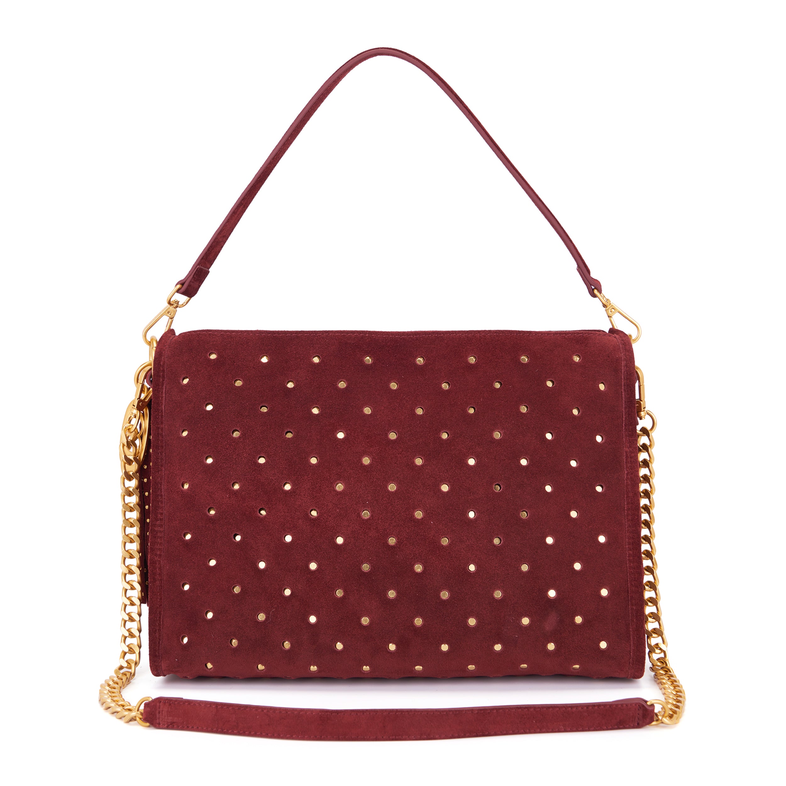 Borsa a Spalla La Carrie Downtown in Camoscio Bordeaux con Borchie – Borsa Rettangolare con Tracolla a Catena