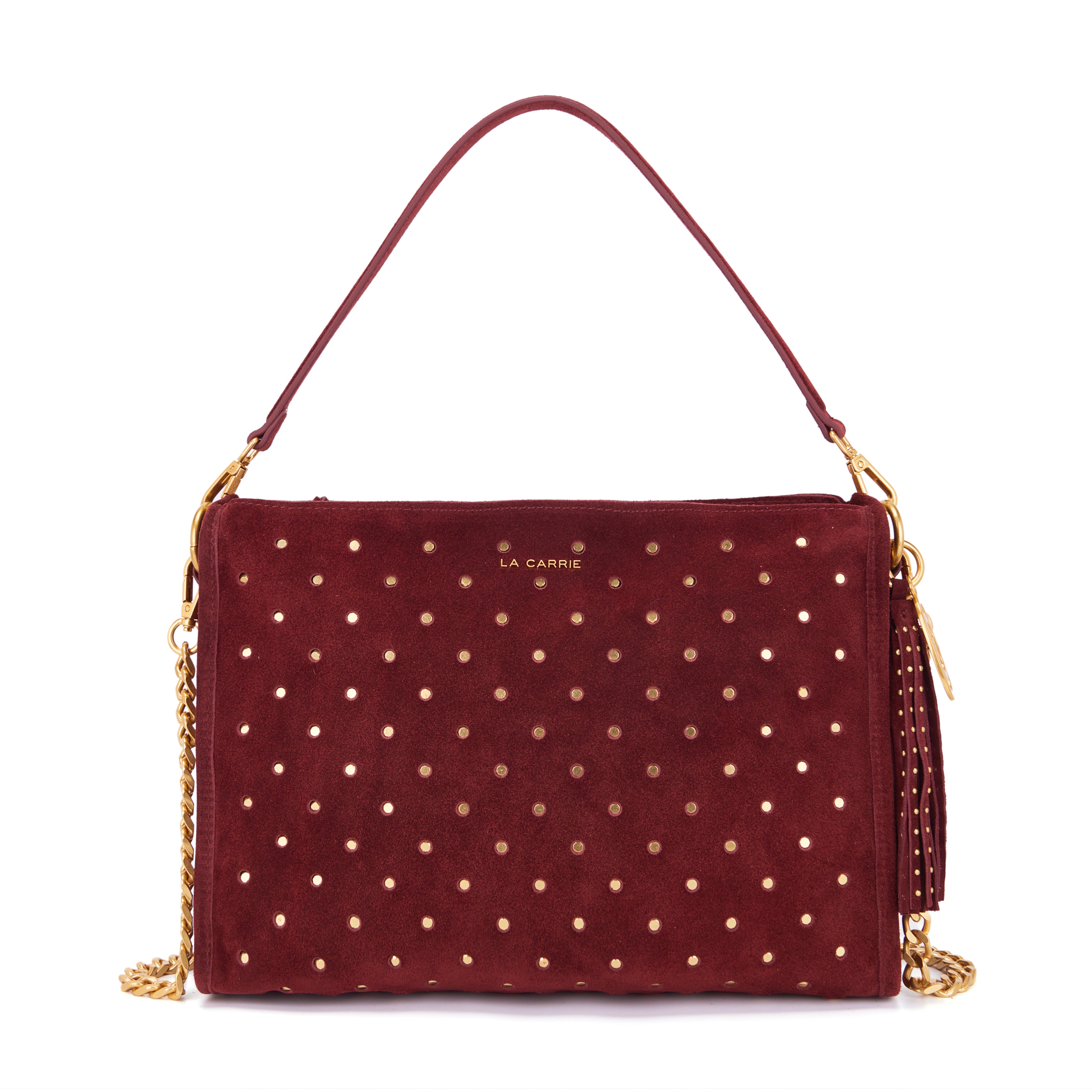 Borsa a Spalla La Carrie Downtown in Camoscio Bordeaux con Borchie – Borsa Rettangolare con Tracolla a Catena