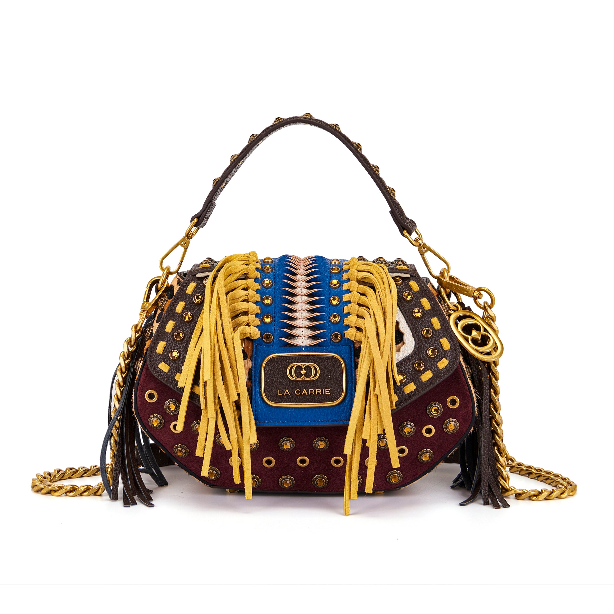 Borsa a Mano La Carrie Jungle Animalier con Frange Senape e Intreccio Blu – Borsa Rock Chic