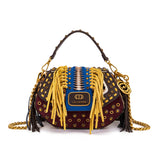 Borsa a Mano La Carrie Jungle Animalier con Frange Senape e Intreccio Blu – Borsa Rock Chic