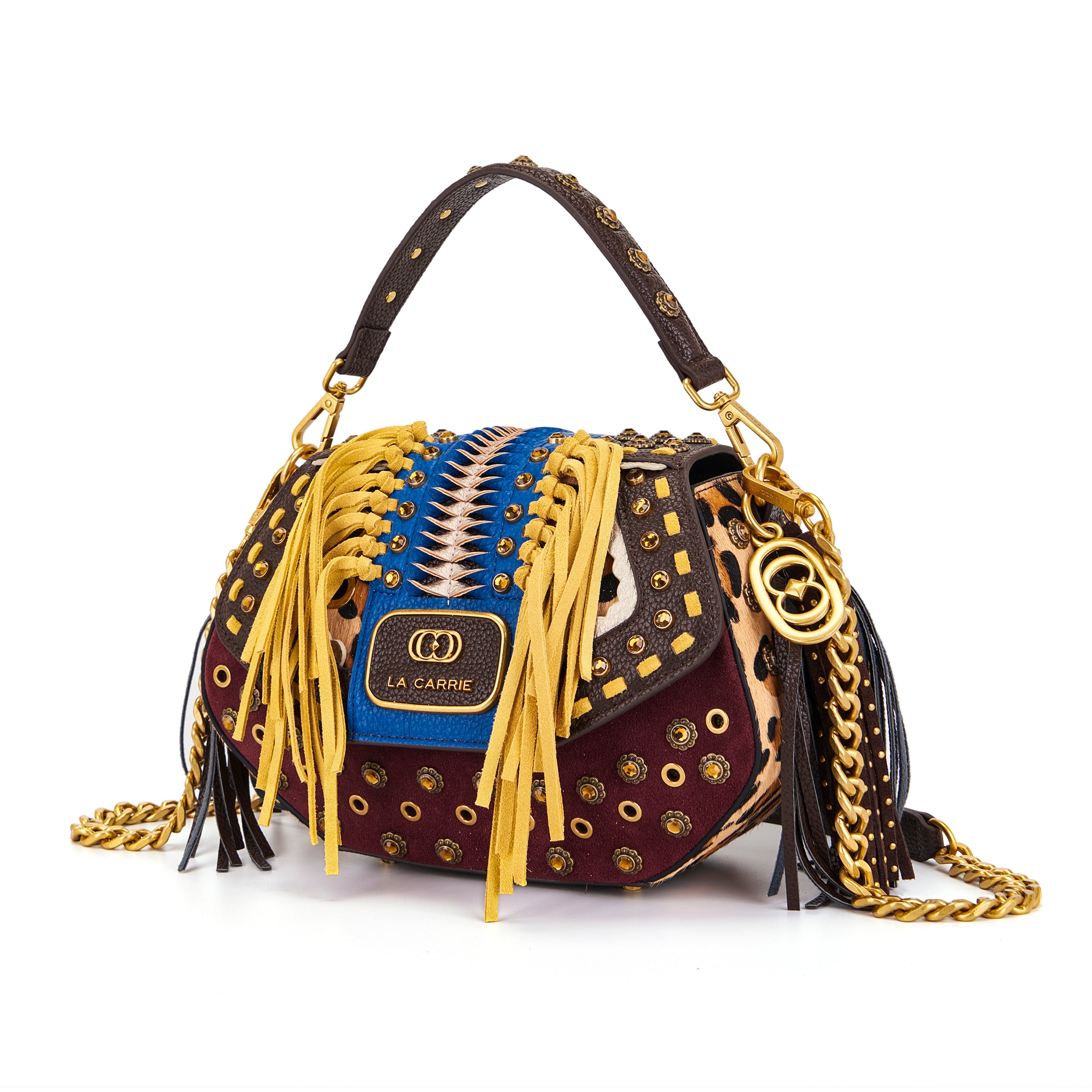 Borsa a Mano La Carrie Jungle Animalier con Frange Senape e Intreccio Blu – Borsa Rock Chic
