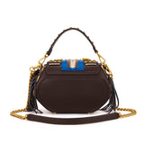 Borsa a Mano La Carrie Jungle Animalier con Frange Senape e Intreccio Blu – Borsa Rock Chic