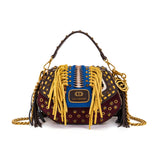 Borsa a Mano La Carrie Jungle Animalier con Frange Senape e Intreccio Blu – Borsa Rock Chic