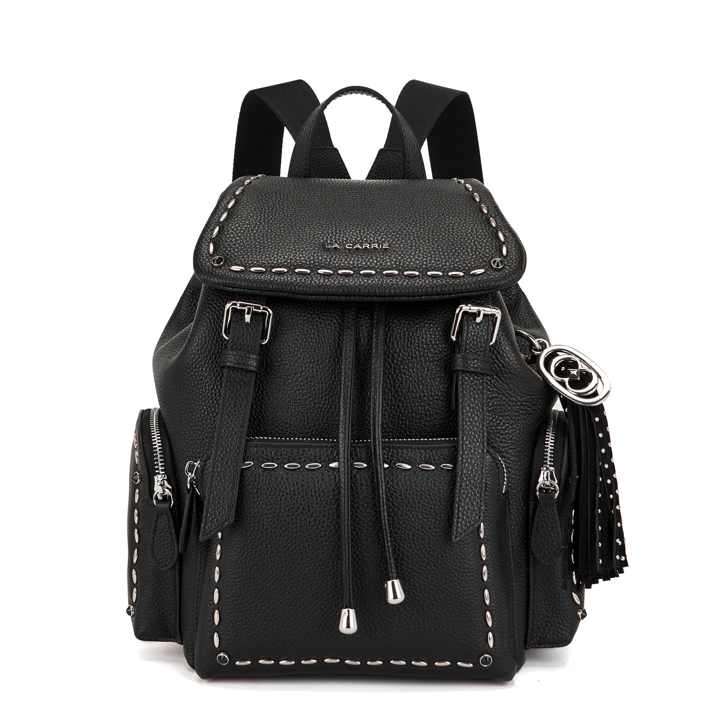 Zaino La Carrie Rock in Pelle Bottalata Nera con Borchie Silver – Zainetto con Coulisse