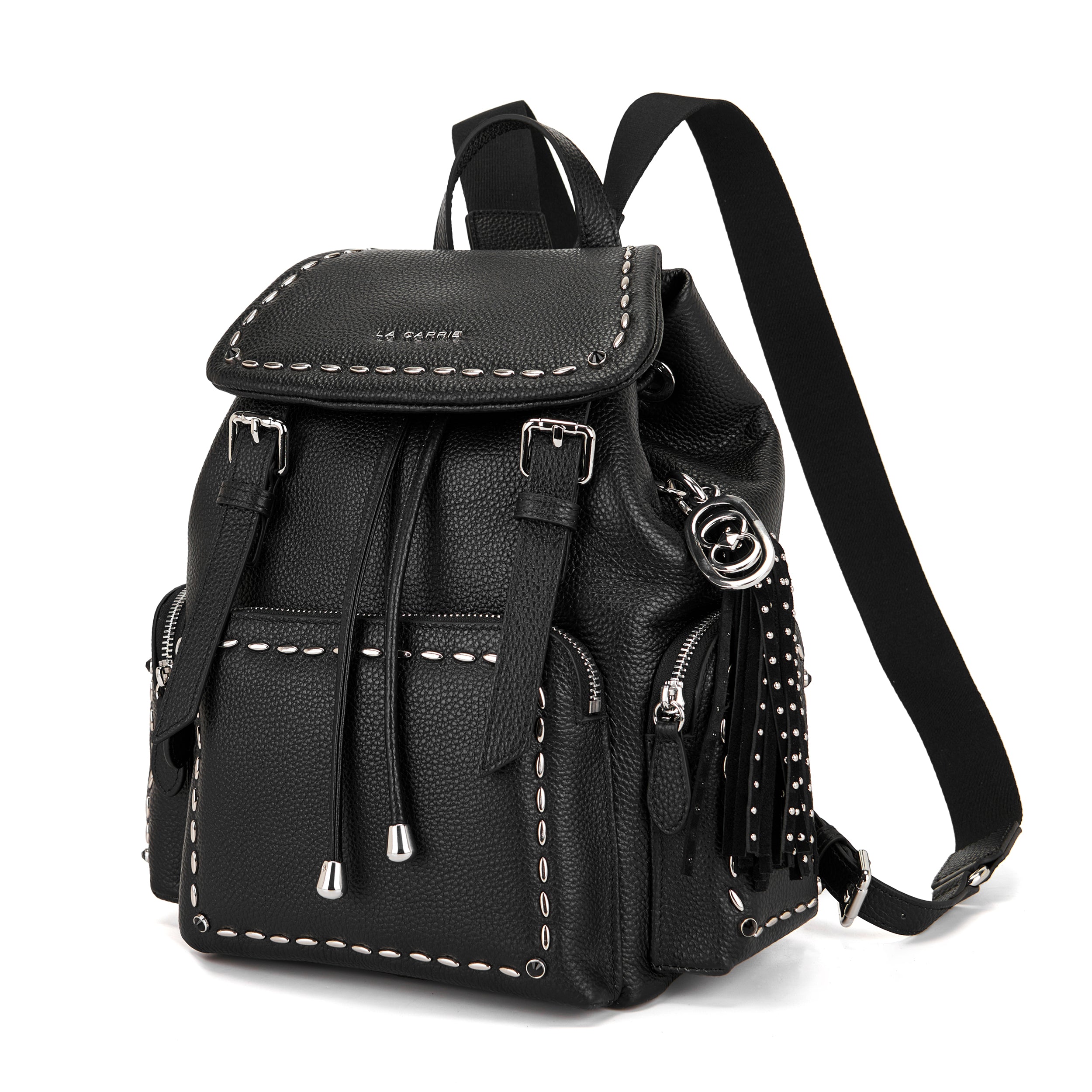 Zaino La Carrie Rock in Pelle Bottalata Nera con Borchie Silver – Zainetto con Coulisse