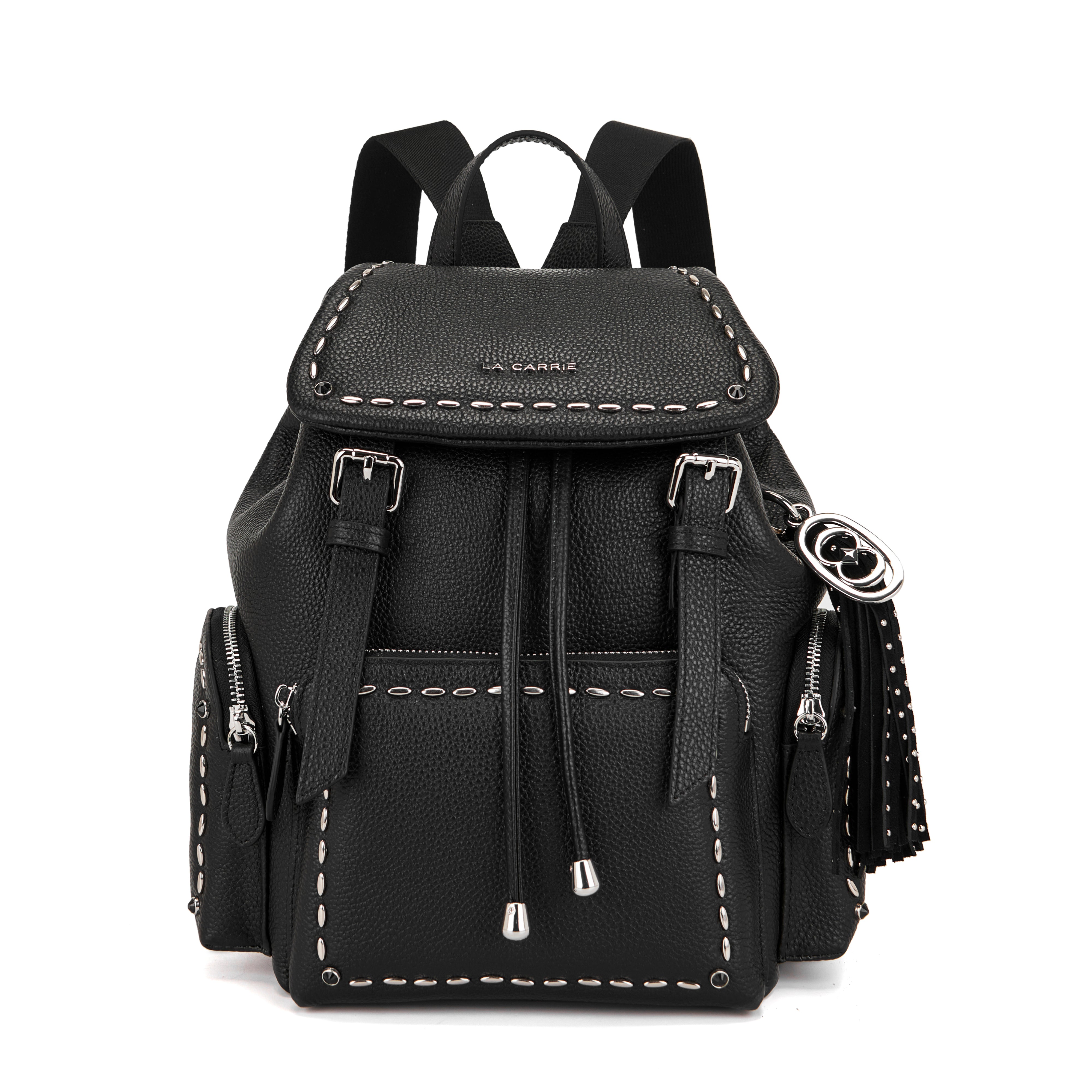 Zaino La Carrie Rock in Pelle Bottalata Nera con Borchie Silver – Zainetto con Coulisse