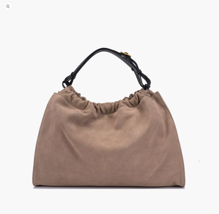 Borsa Shopping La Carrie Scamosciata Taupe con Stampa Etnica e Frange