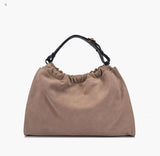Borsa Shopping La Carrie Scamosciata Taupe con Stampa Etnica e Frange