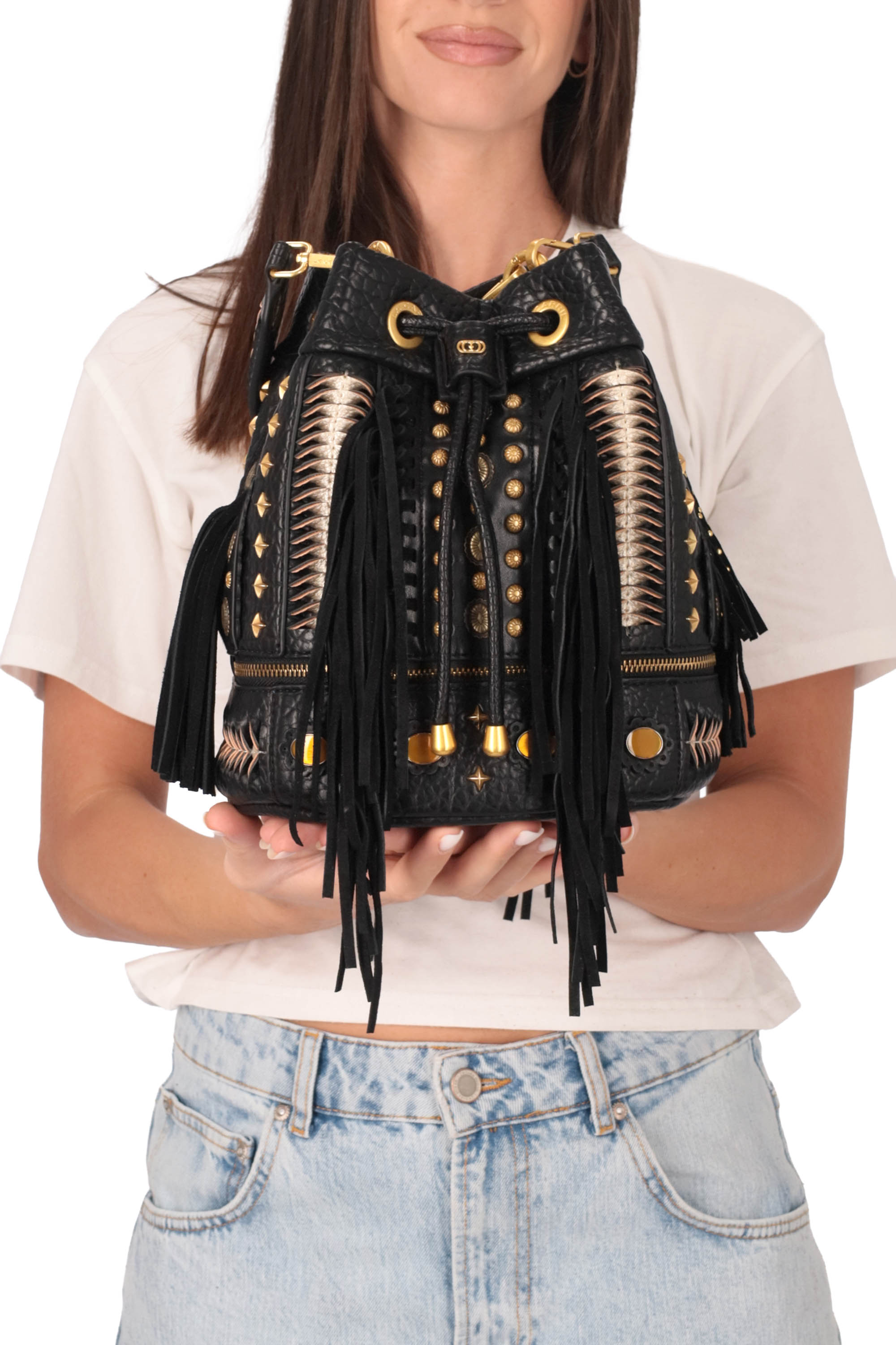 Secchiello nero in pelle martellata con accessori La Carrie