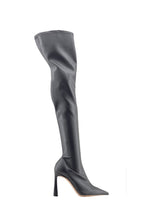 Stivale cuissard in ecopelle stretch nero a punta, tacco alto Bianca Di