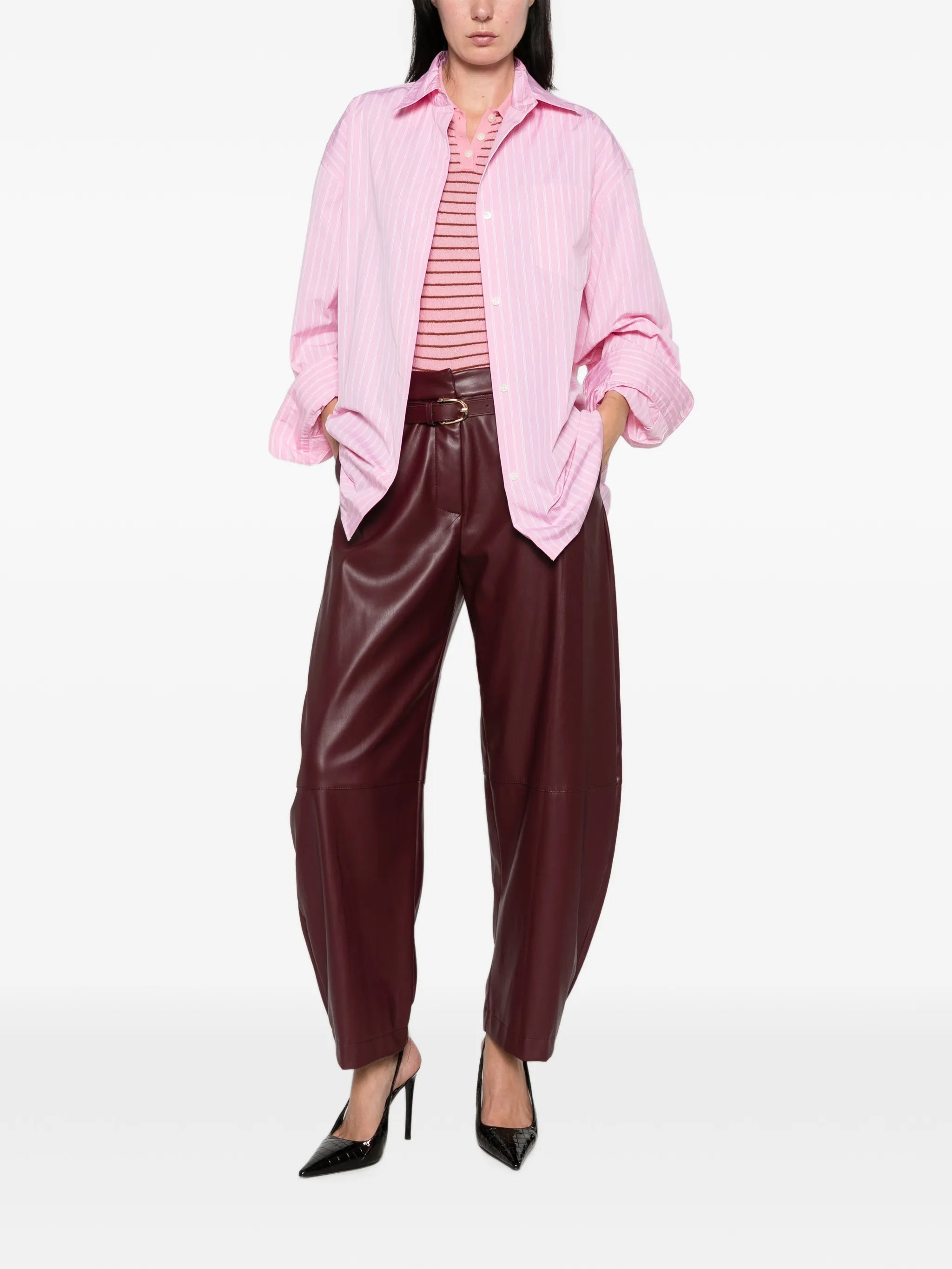 Pantaloni Donna Imperial Rossi in Pelle Sintetica con Cintura – Pantalone Gamba Ampia
