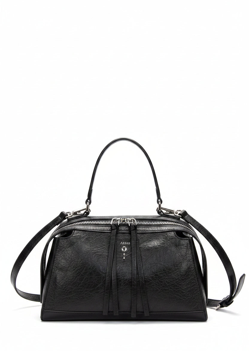 Borsa a Spalla Nora-E Metis in Pelle Crackle Nera – Borsa Donna con Zip e Tracolla
