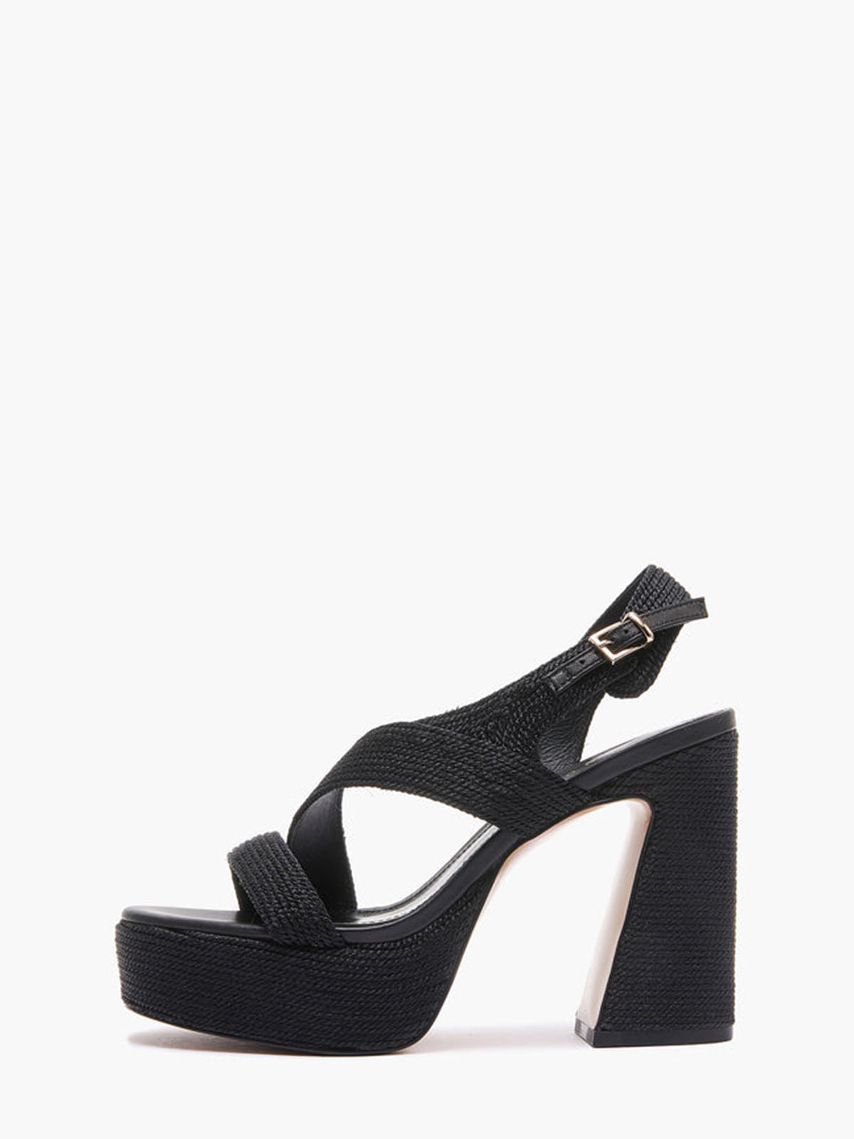 Sandali Emanuelle Vee in Raffia Nera – Sandalo Alto con Tacco Doppio e Plateau