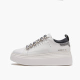 Sneaker bianca con maxi-strass, inserto pelle nera e glitter argento Emanuelle Vee