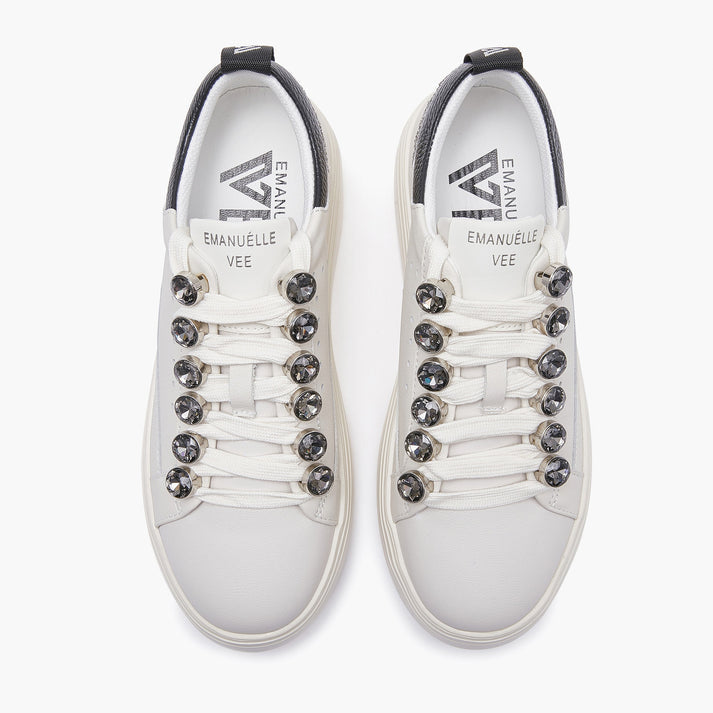Sneaker bianca con maxi-strass, inserto pelle nera e glitter argento Emanuelle Vee