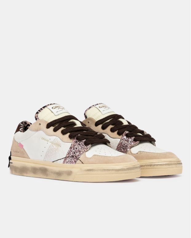 Sneakers Donna Crime London Playoff Eclipse Nude 23503AA9.10 – In Pelle e Cracklè Bianco con Dettagli Cioccolato e Glitter