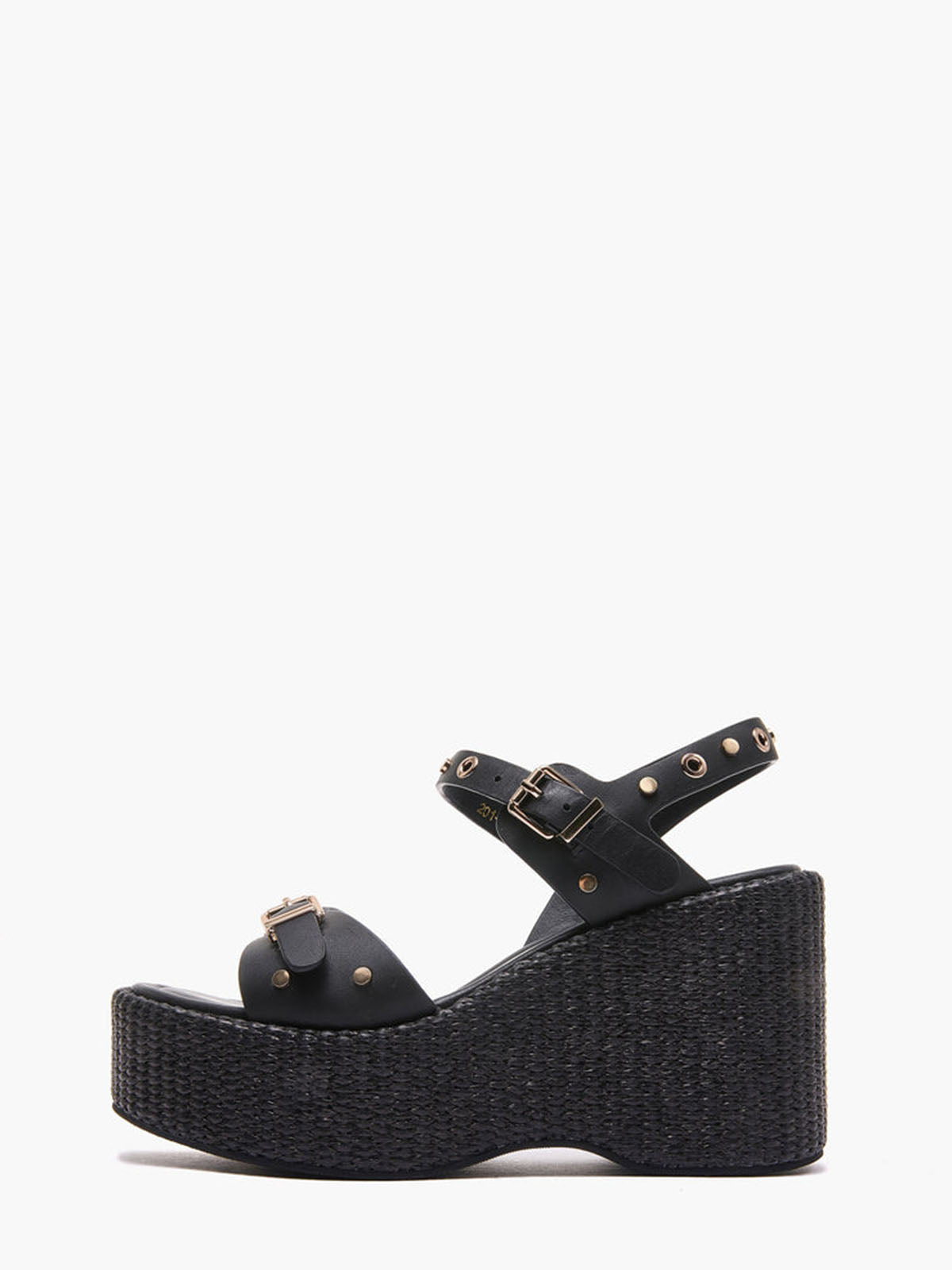 Zeppe Emanuelle Vee in Raffia Nera e Borchie Oro – Sandalo Alto con Zeppa 9 cm