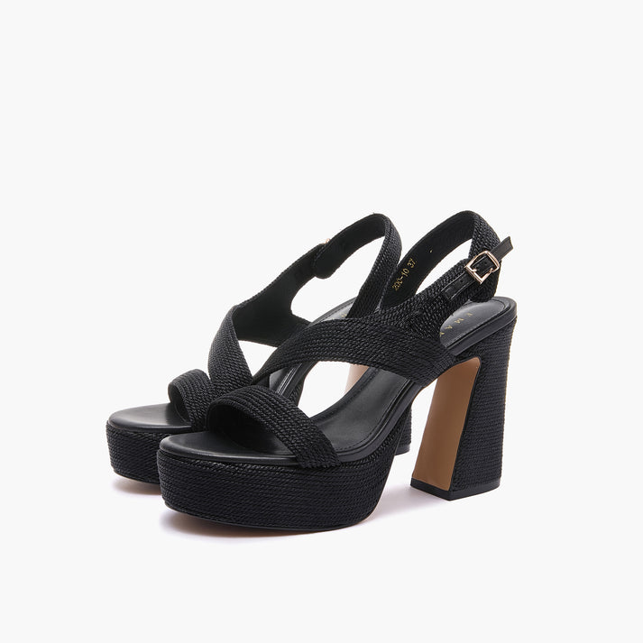 Sandali Emanuelle Vee in Raffia Nera – Sandalo Alto con Tacco Doppio e Plateau