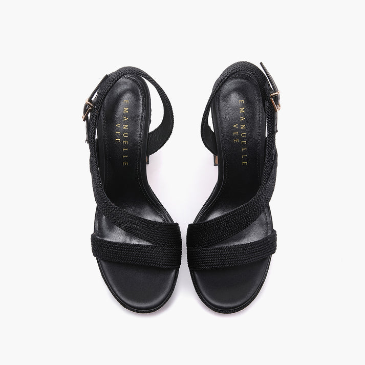 Sandali Emanuelle Vee in Raffia Nera – Sandalo Alto con Tacco Doppio e Plateau