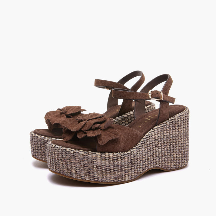 Zeppe Emanuelle Vee in Camoscio Testa di Moro con Fiori – Sandalo Zeppa 9 cm in Raffia
