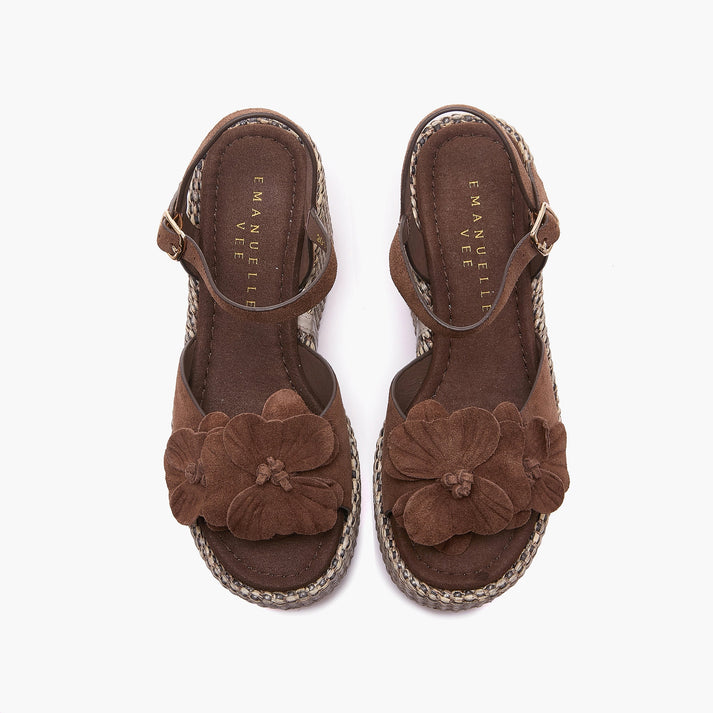 Zeppe Emanuelle Vee in Camoscio Testa di Moro con Fiori – Sandalo Zeppa 9 cm in Raffia