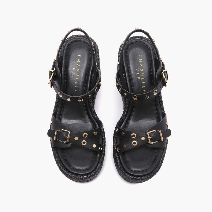Zeppe Emanuelle Vee in Raffia Nera e Borchie Oro – Sandalo Alto con Zeppa 9 cm