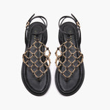 Sandali Bassi Emanuelle Vee in Pelle Nera con Fiori 3D – Sandalo Flat Gioiello