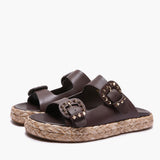 Ciabatta Emanuelle Vee in Pelle Testa di Moro – Sandalo Platform in Raffia a Doppia Fascia