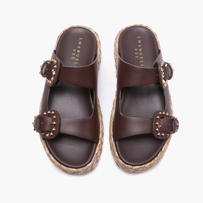 Ciabatta Emanuelle Vee in Pelle Testa di Moro – Sandalo Platform in Raffia a Doppia Fascia