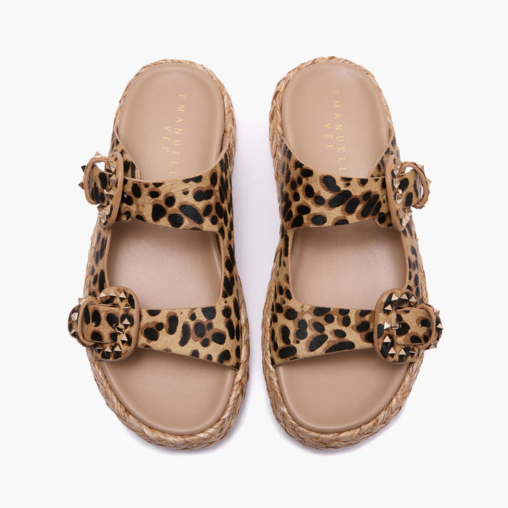 Ciabatta Emanuelle Vee in Cavallino Maculato – Sandalo Platform in Raffia a Doppia Fascia