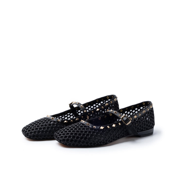 Ballerine Emanuelle Vee in Rete Nera e Borchie Oro – Mary Jane Flat con Cinturino