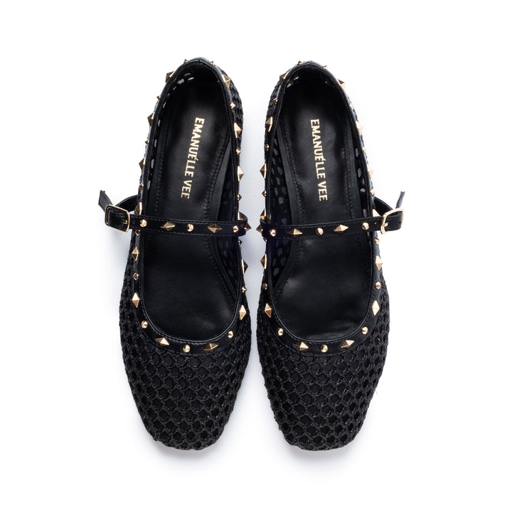 Ballerine Emanuelle Vee in Rete Nera e Borchie Oro – Mary Jane Flat con Cinturino