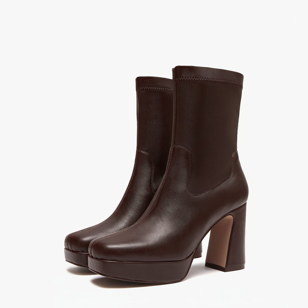 Tronchetti Donna Emanuélle Vee Bella 402-16 Marrone in Pelle – Stivaletti Punta Quadra con Tacco 11 cm e Plateau