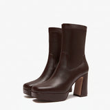 Tronchetti Donna Emanuélle Vee Bella 402-16 Marrone in Pelle – Stivaletti Punta Quadra con Tacco 11 cm e Plateau
