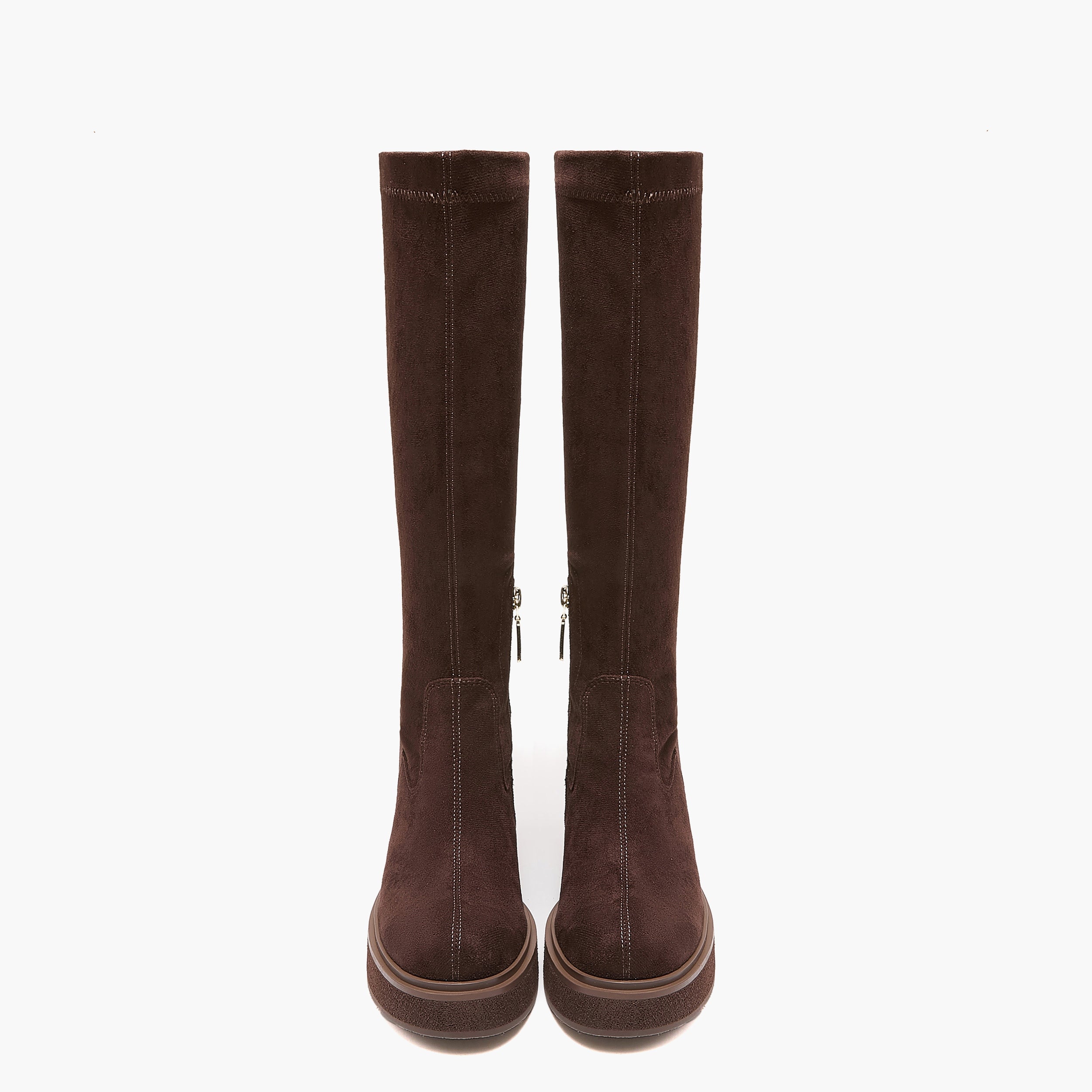 Stivali Alti Donna con Zeppa Emanuélle Vee Dalì 404-11 Marrone Scuro in Microfibra Stretch – Scarpe con Zeppa 8 cm