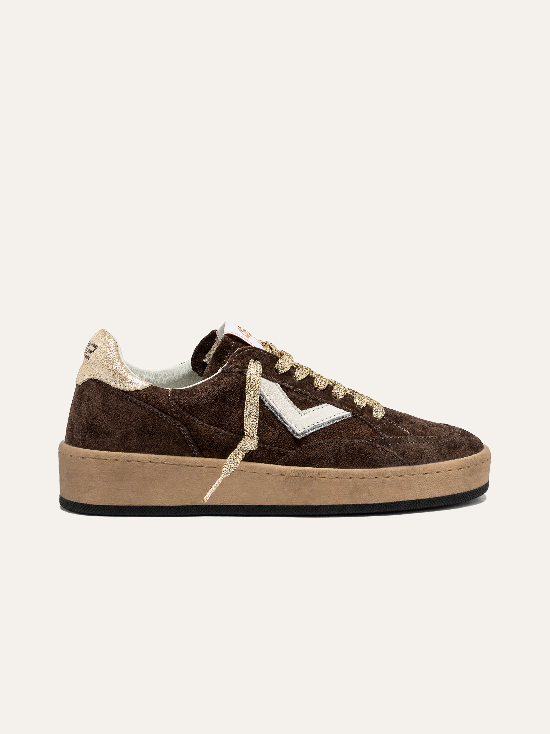 Sneakers donna in camoscio marrone e dettagli lurex oro | Playnewsky 4B12