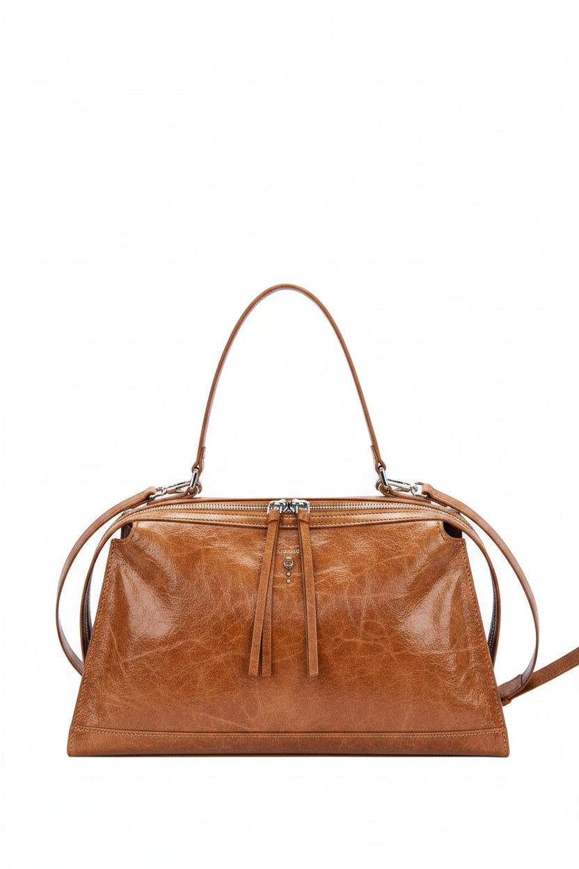 Borsa a Spalla Donna Nora-E Metis Grande in Cuoio Crackle – Borsa Trapezoidale con Zip e Tracolla